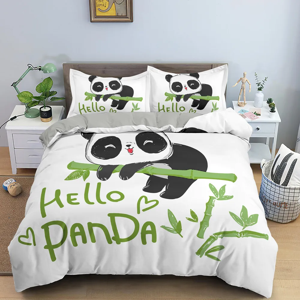 Cute Cartoon Panda Bedding Set White Duvet Cover Set With Eatting Bamboo Panda Printing EU King US Full Queen Size Bedding Kids