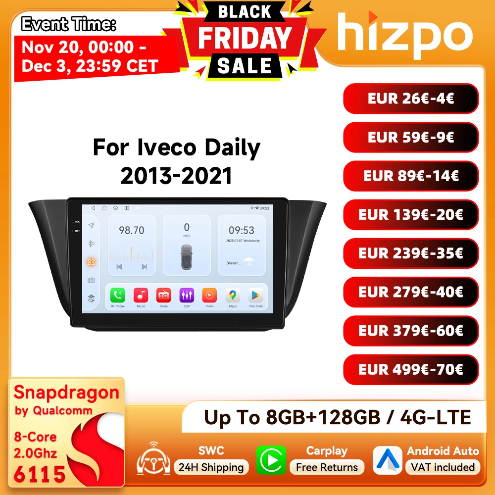 راديو سيارة Hizpo 2Din 9 بوصة يعمل بنظام أندرويد لـ Iveco Daily 2013 - 2021 Snapdragon 6115 4G BT CarPlay SWC RDS DSP GPS Navi 360 ° كام