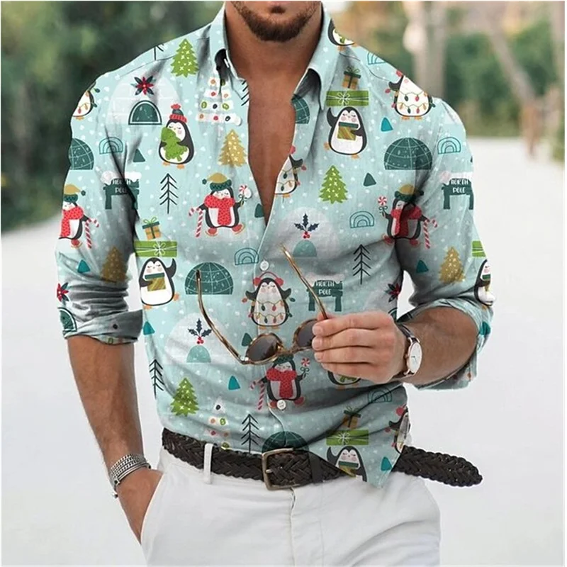 Fun Christmas Snowman Theme 3D Printed Men\'s Shirts Casual Long Sleeve Streetwear Tops Unisex Holiday Party Hawaiian Shirts