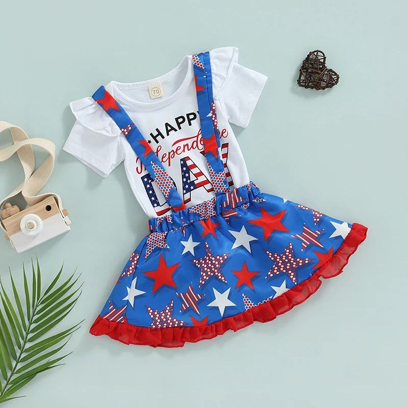 Infant Girl 4th of July Skirts Set Patriotic Romper with Short Sleeves Star Print Suspenders Skirt Outfit