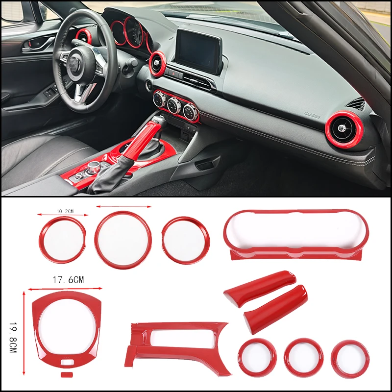 For 2016-2025 Mazda MX-5 Miata ND Fiat 124 Spider Abarth 6Pcs Red ABS Center Console Dashboard Trim Covers Kit