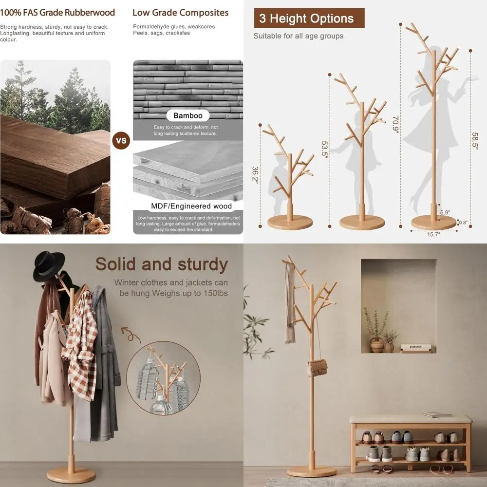 

12-Hook Solid Wood Freestanding Coat Rack with Adjustable Heights for Entryway and Bedroom (Natural)