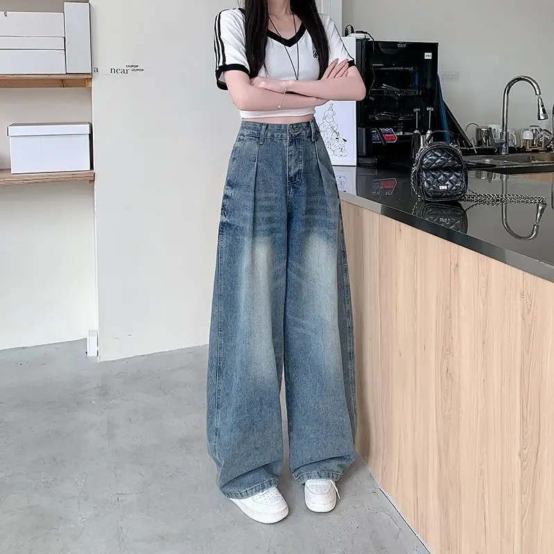 

Свободные широкие джинсы в корейском стиле High Street, драпированный дизайн длиной до пола, женские модные низы
