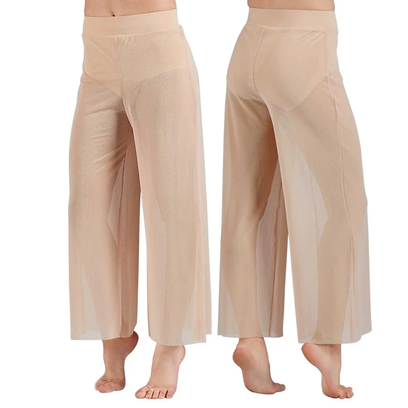 

Modern Dance Wide Leg Mesh Cropped Pants Elegant Elastic Waist Women's Dance Leggings Professional Dancer Practice Trousers