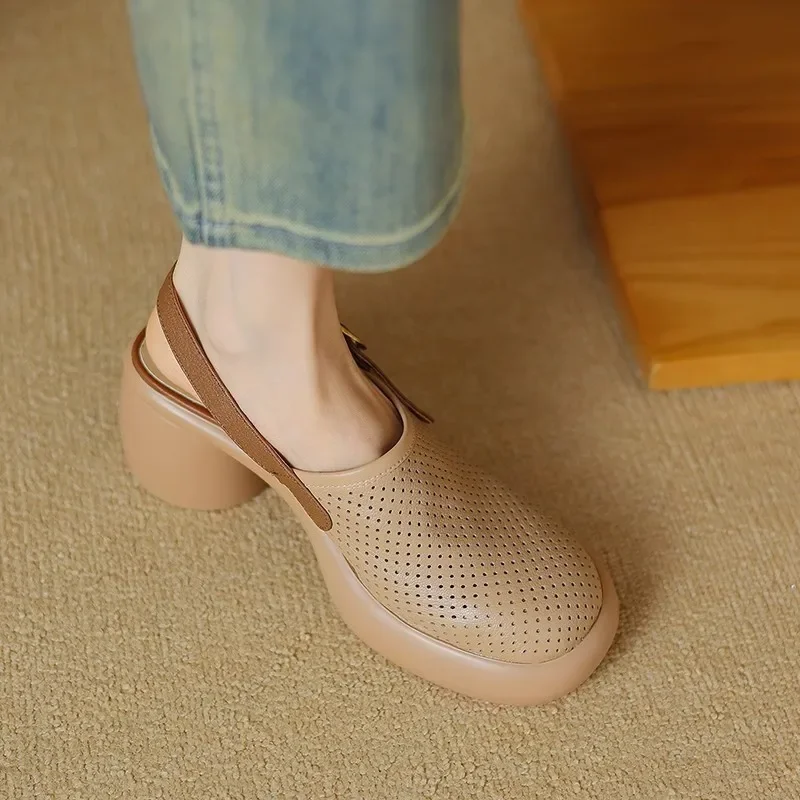 Summer High Heels for Women Retro Style Hollow Closed Toe Thick-soled High-heeled Sandals Female Fashion Slingbacks Roman Pumps