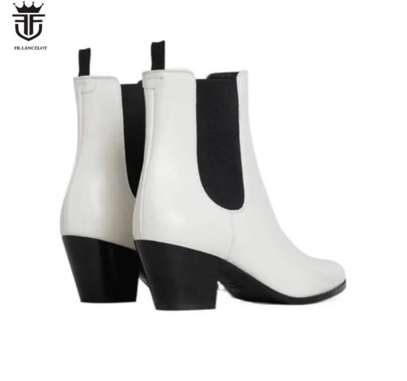 2024 White Leather Men Boots Handsome British Pointed toe Booties Thick Heels Wedding Man Black Patent Leather Party Shoes Male