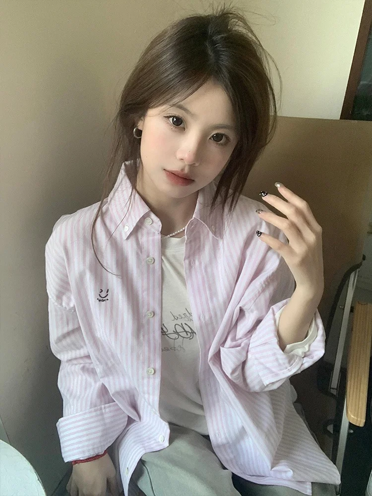 

Pink Striped Embroidered Long Sve Women's irt Summer Loose Slimming Sun Protection Open Cardigan Outerwear