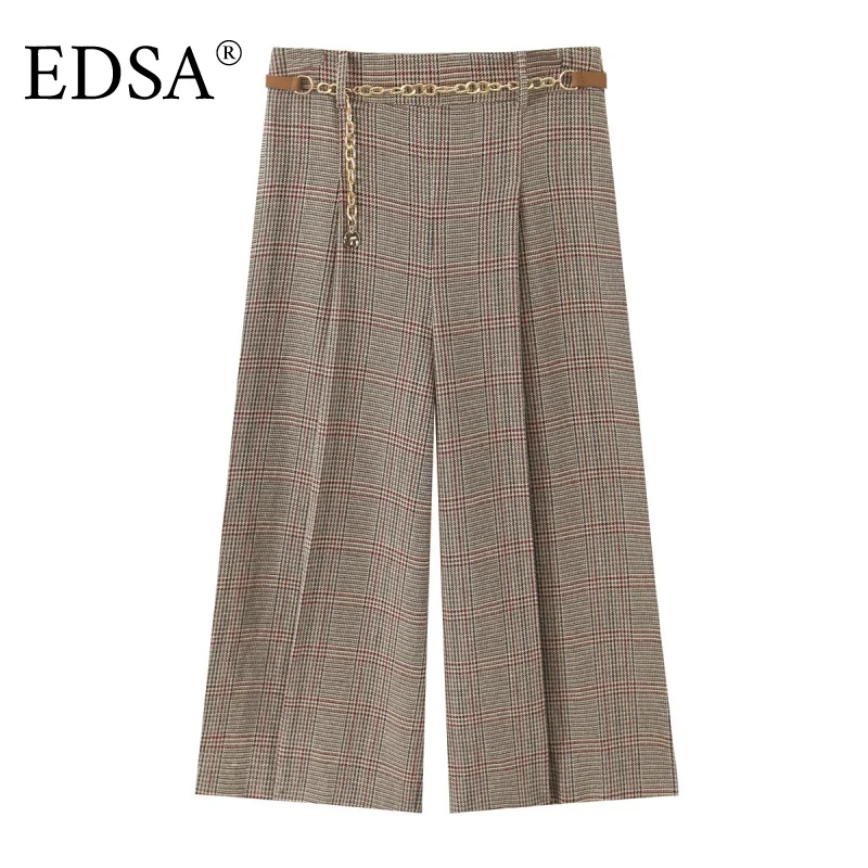 EDSA شورت نسائي طويل بنقش مربعات مع حزام عالي الخصر وسحاب جانبي سروال نسائي غير رسمي #1