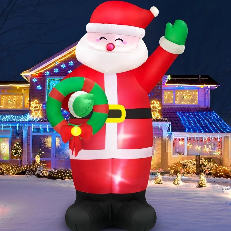 8ft Giant Christmas Inflatable Santa Claus Holding Garland Outdoor Decoration with Built-in LED and Tether Stake, Decorative