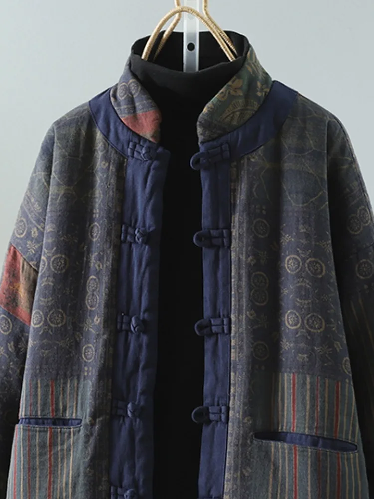 Chaqueta de aodón ueso para mujer, abrigo de invierno cálido de franela con estampado, abotonado, cuello alto, estilo étn...
