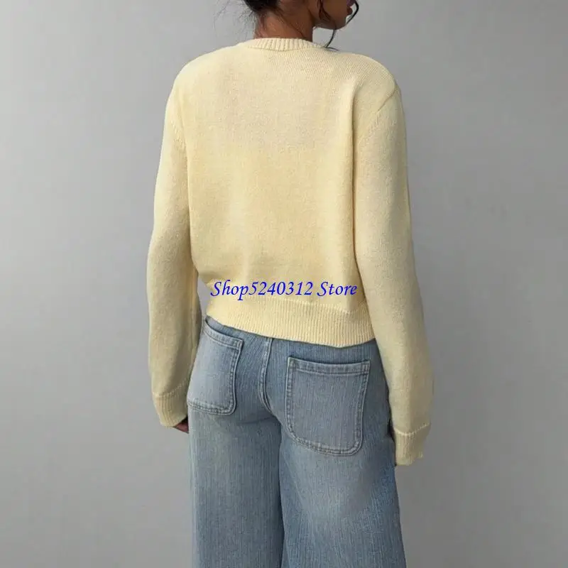 

634C (цельный) женский укороченный кардиган с длинными рукавами и круглым вырезом на пуговицах, милый вязаный свитер