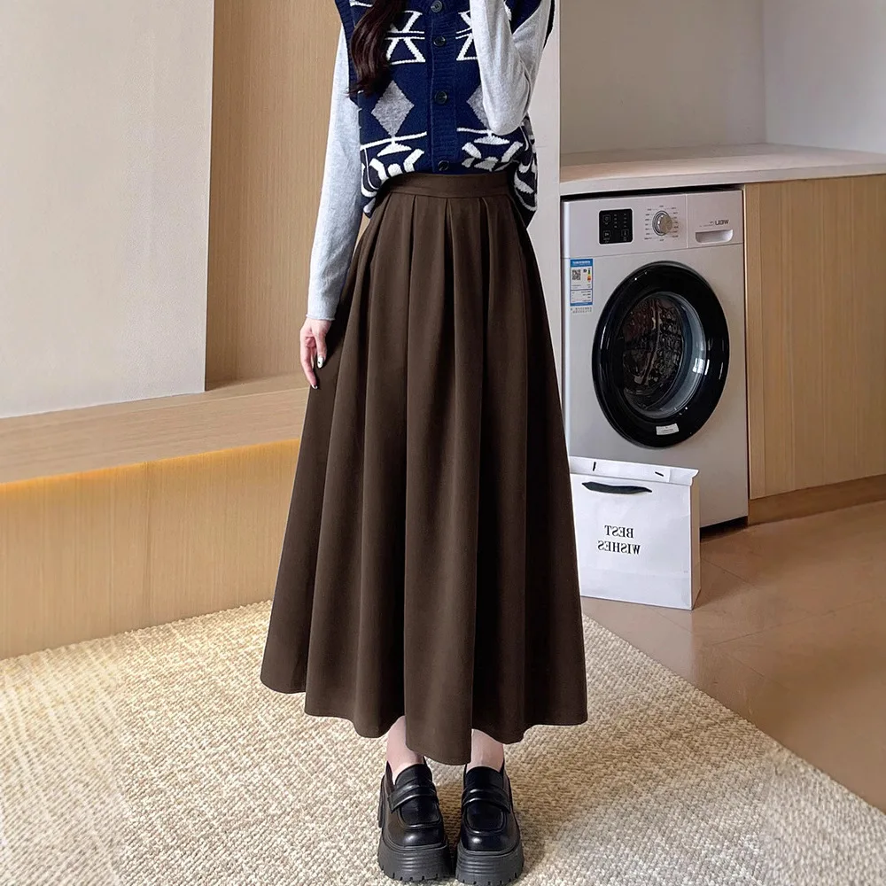 Woolen pleated midi skirt 2025 autumn and winter new item plus size high waist slimming A-line midi skirt