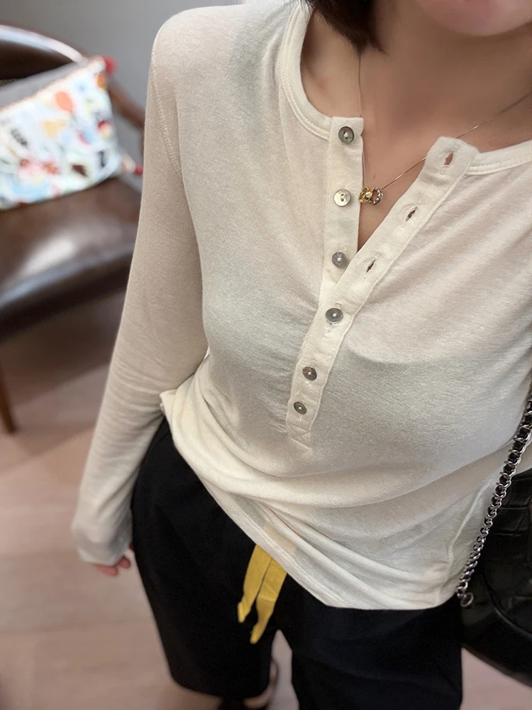 

Pet Lovers Nameless Super Comfortable Birket Modal Cashmere round Neck Half Open Knit Top Women's Casual Wear Long Sleeve