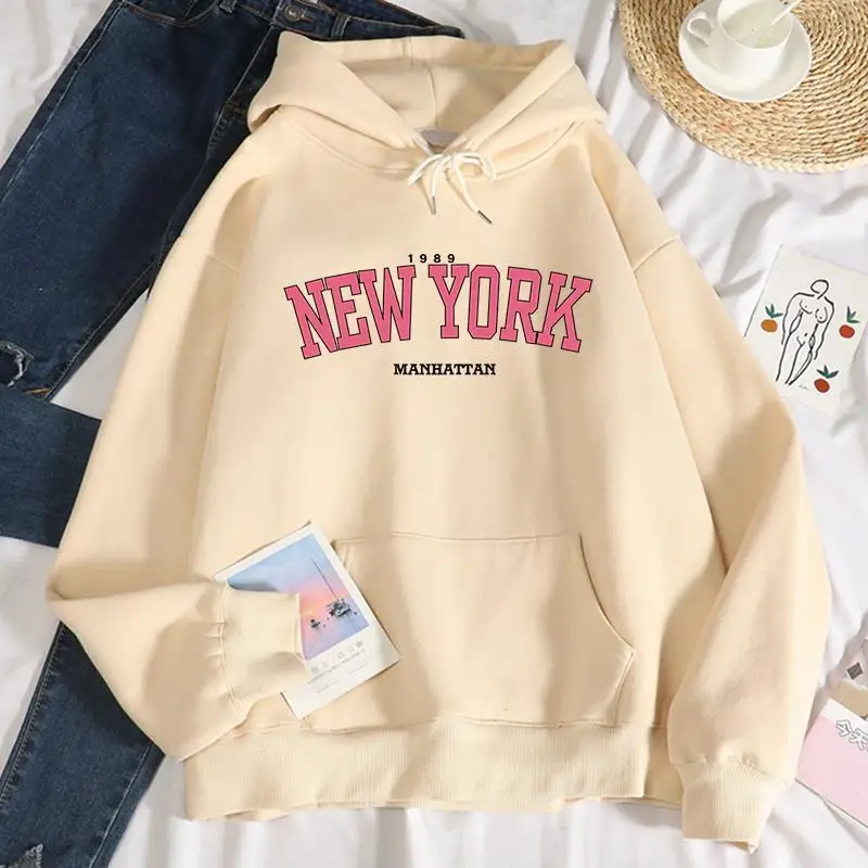 New York Pink Printed Women\'S Hoodie Fashion Versatile Sweatshirts Unisex Drawstring Hoodies Streetwear Comfortable Clothing