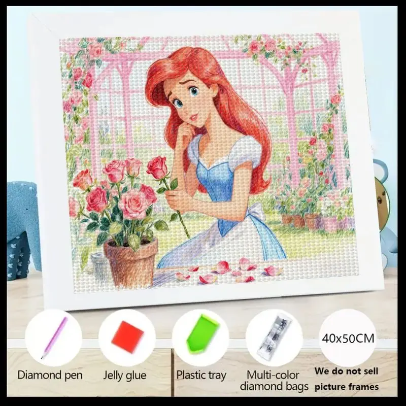 

1PC 5D DIY Full Drill Diamond Painting Kit, Disney Princess Ariel The Little Mermaid Cartoon Girl Character with Rose Flower Gar