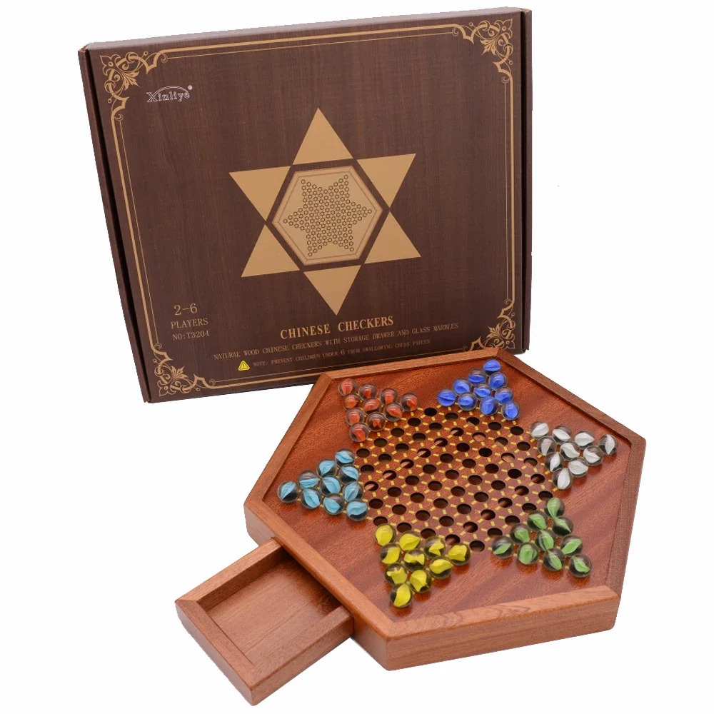 Solid Wood Chessboard with Glass Beads, Hexagonal Checkers Drawer Style, New Storage Board Games, Puzzle Interactive Toys