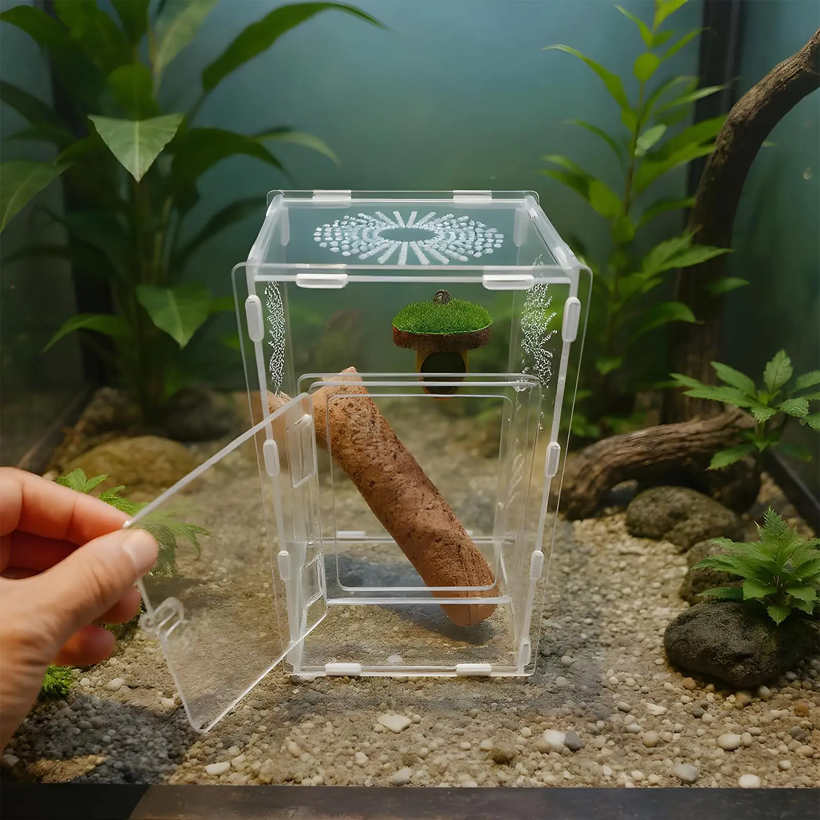 

Прыгающий паук, среда обитания, небольшой кормовой домик для рептилий для богомола, лягушки, полная прозрачность, террариум, безопасные мантия, аксессуары для кормления