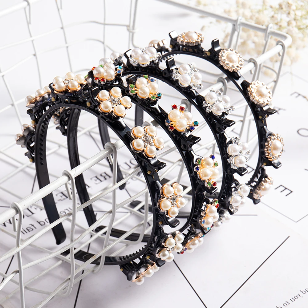 Pearl Flower Hairband Rhinestone Headband Women Hair Band Claw Hoop Double Layer Bangs Hairstyle Bezel Hairpin Hair Accessories