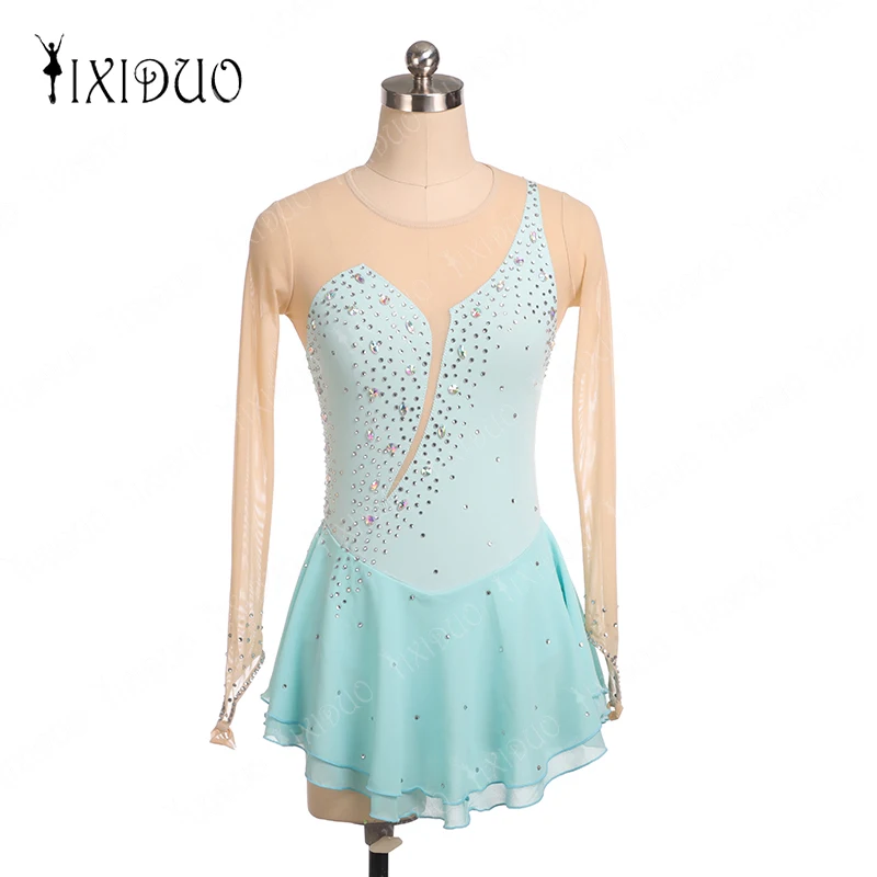 

Girls Ballet Figure Ice Skating Dance Dress Gymnastics Acrobatics Performance Dancewear Shiny Sequins Sheer Mesh Leotard Dresses