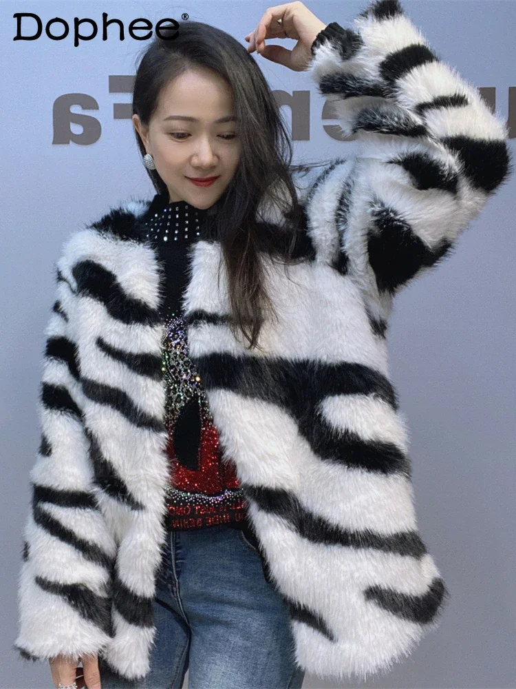 Fashion Zebra Pattern Faux Fur Coat Women Autumn and Winter 2024 New Long Sleeve Furry Coat Loose Round Neck Jacket Female