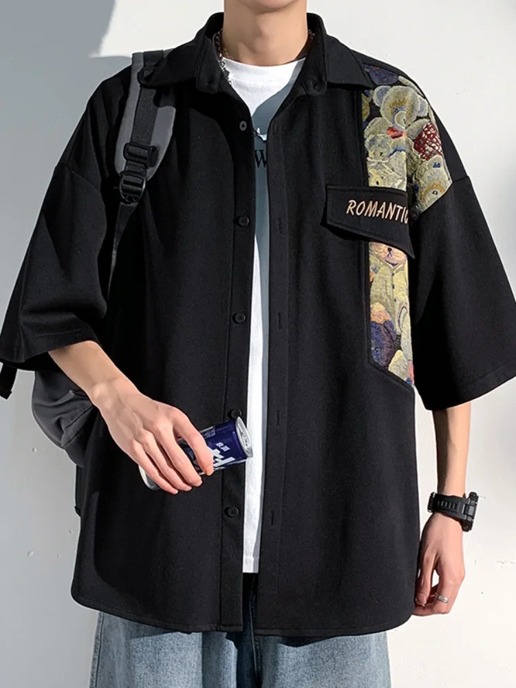 

Bear Patchwork Short Sleeve Men's Shirt Summer Thin Loose Five Sleeve Shirt Design Sense Cool Upper Body Breathable Lightweight