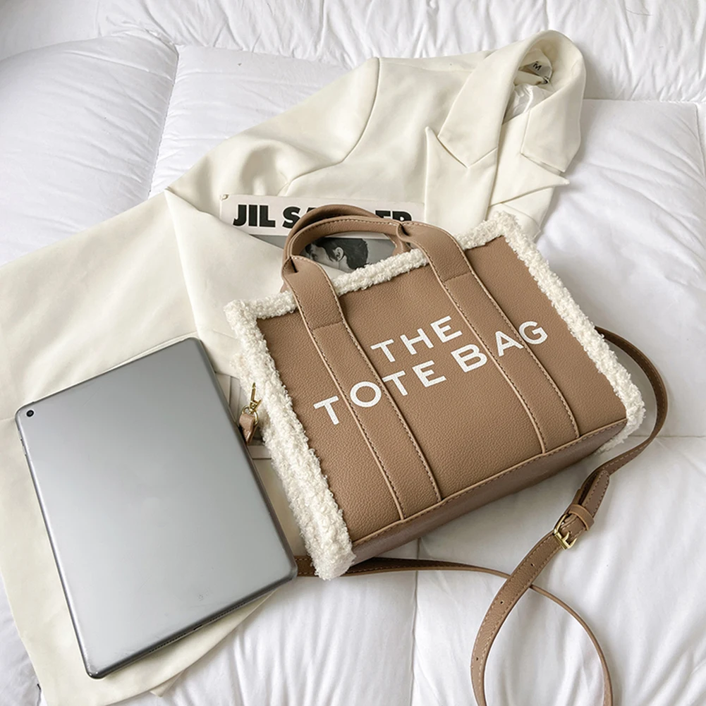 Winter Khaki Tote Bag PU Leather Female Handbags Large Casual Tote Shoulder Bags Wool Stitching Fashion Purse for Woman Girls