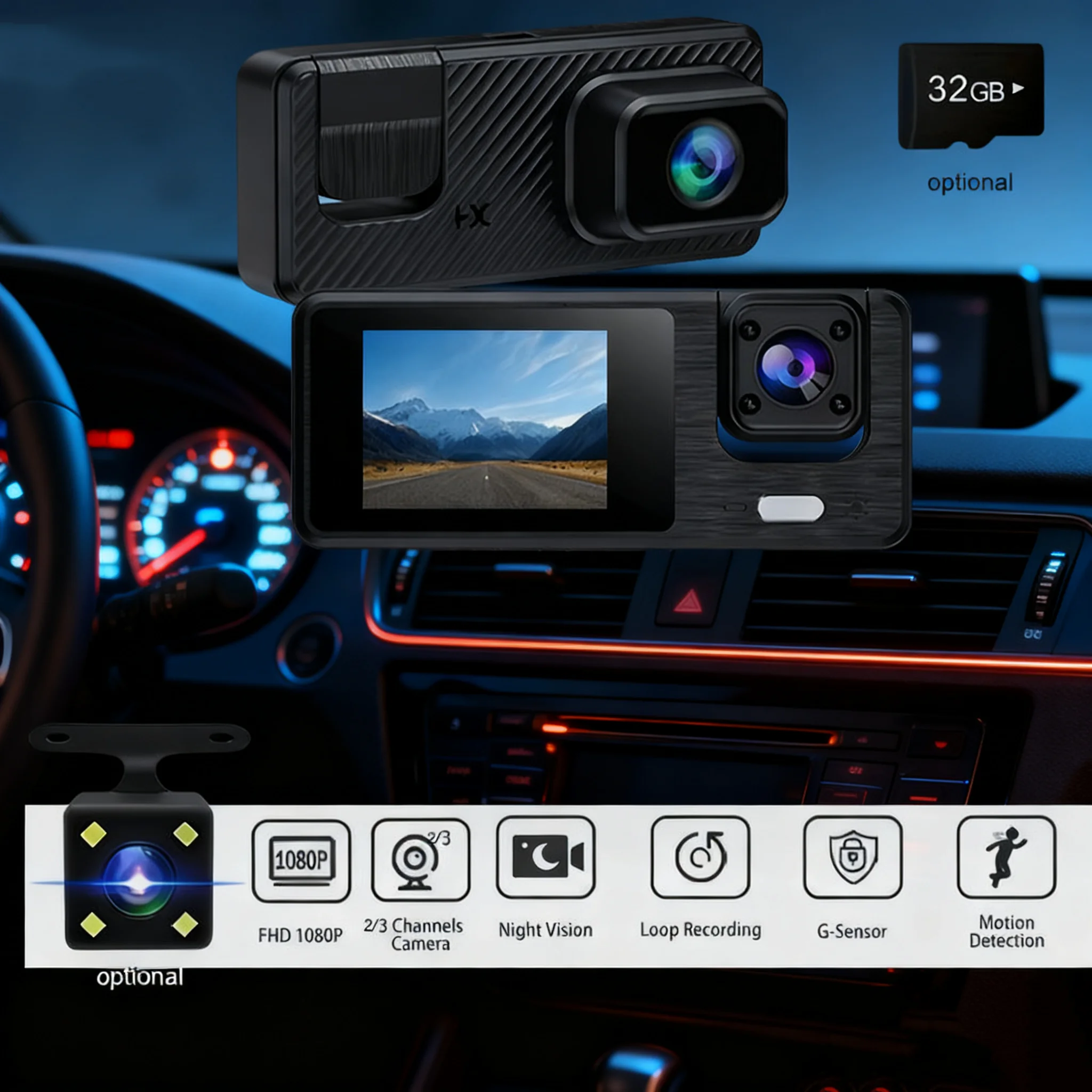 

1080P Triple Lens Dash Cam, 3-Channel Front Rear Inside Car Camera, Night Vision, Loop Recording, Parking Mode,
