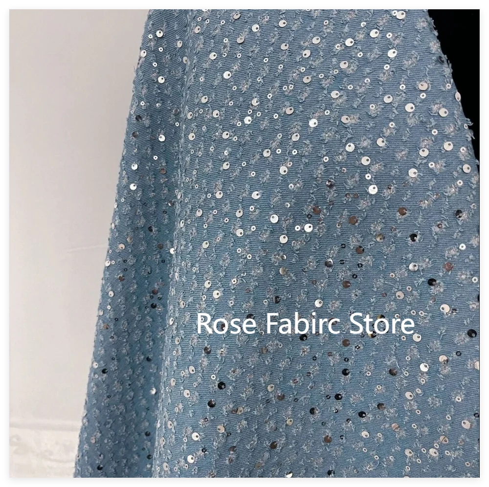 

1 Meter Exquisite Sequin Embroidery Washed Denim Fabric For coats, shirts, pants, bags, DIY hand sewing, designer fabrics