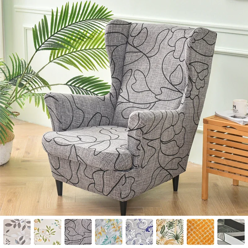 Stretch Wingback Chair Cover Printed Relax Wing Armchair Protector Covers Slipcover with Seat Cushion Cover for Living Room