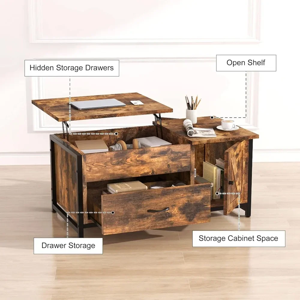 Table basse relevable avec rangement, compartiment GNE, armoire à porte de grange, table centrale, table basse, 41.7 po