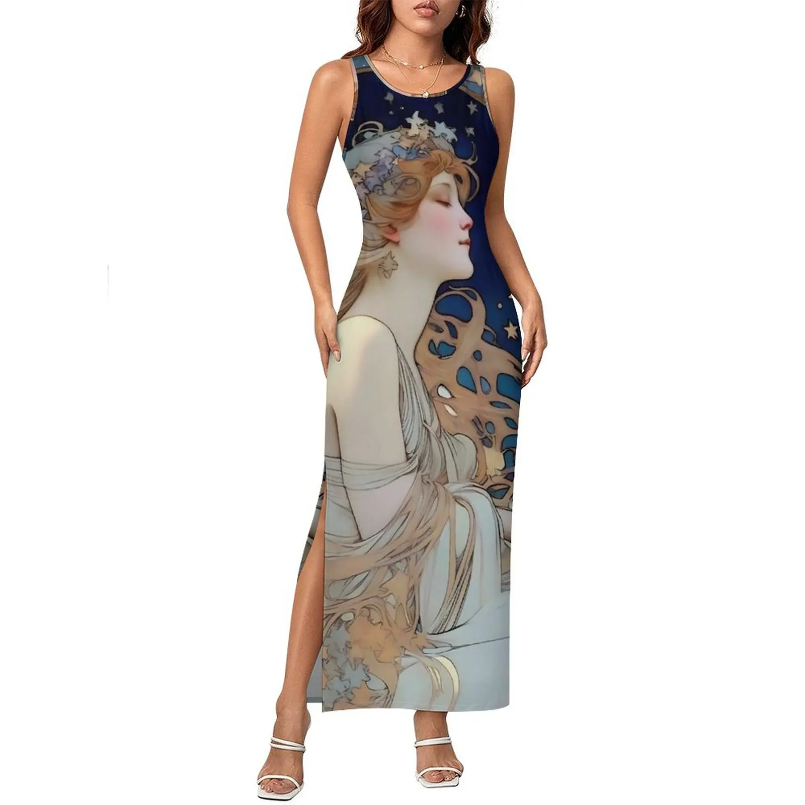 Robe moulante pour femme élégante Art Nouveau Maxi robes vacances Alphonse Mucha inspirée de la lune et des étoiles Y2K robe graphique de mode