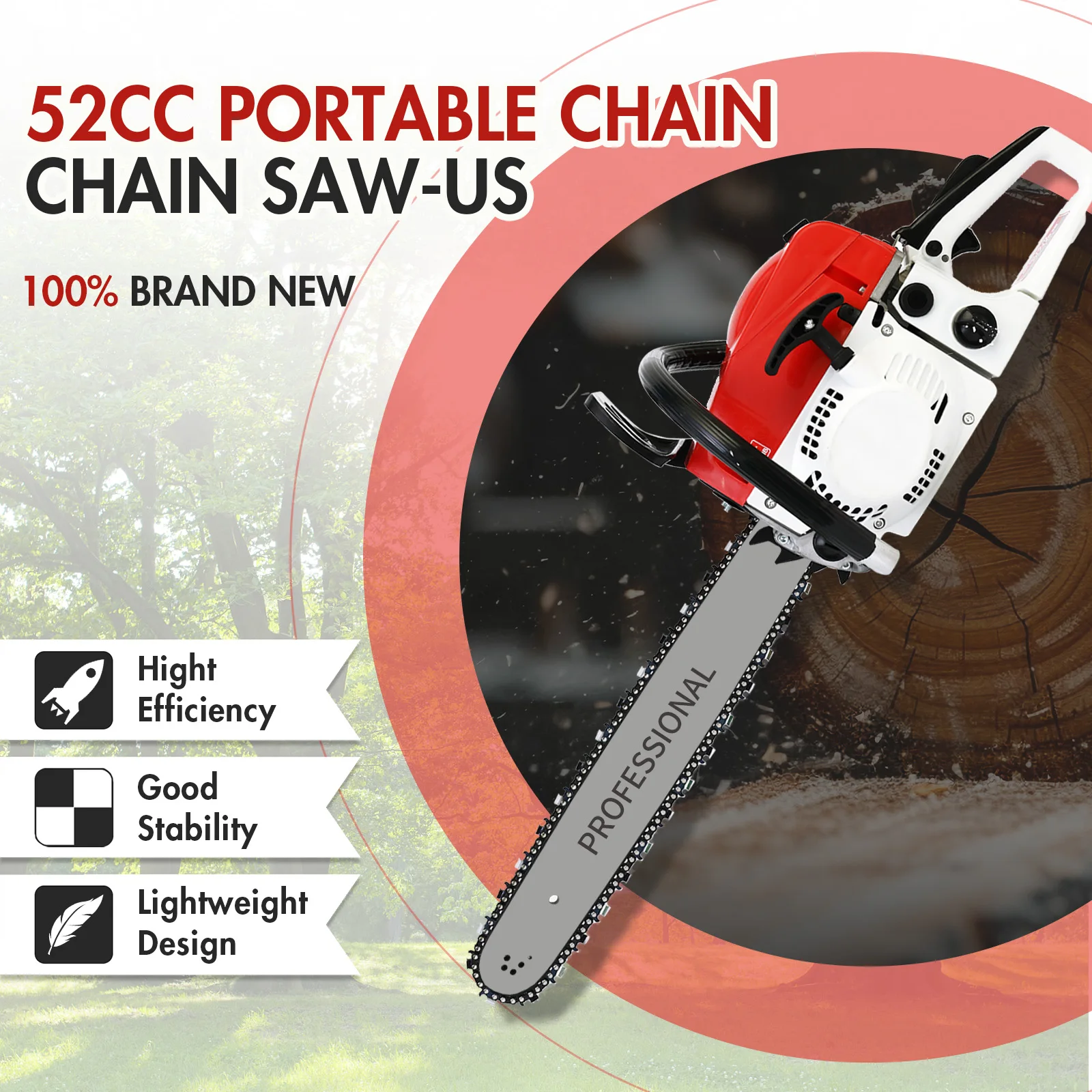 52CC Petrol Chainsaw 2-Stroke 20Inch Portable 2000W Cordless Chain Saw Air-Cooled High Power Tools Handheld Wood Logging Cutting