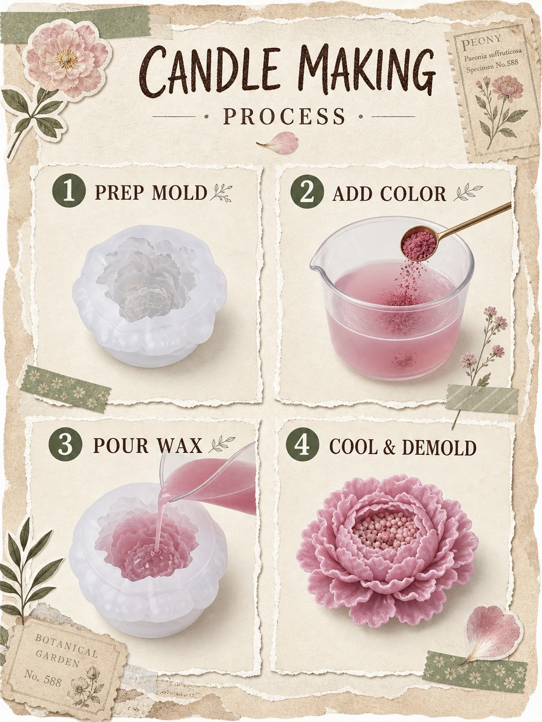 IVORELLE Pfingstrosen-Blumen-Silikonform mit geschichteten Blütenblättern und gelben Staubblättern für Wachs, Harz, Gips, Seife, DIY, Heimdekoration, Basteln – Detail 1