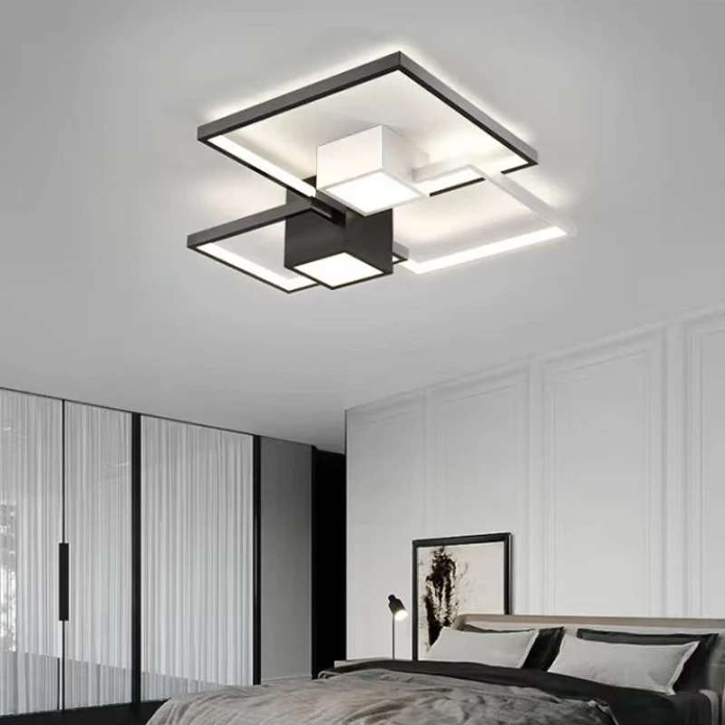 Minimalist Nordic Black Chandelier Square Bedroom Lamps Studyroom Dining Living Room Lamp Led Ceiling Lights With Remote Control