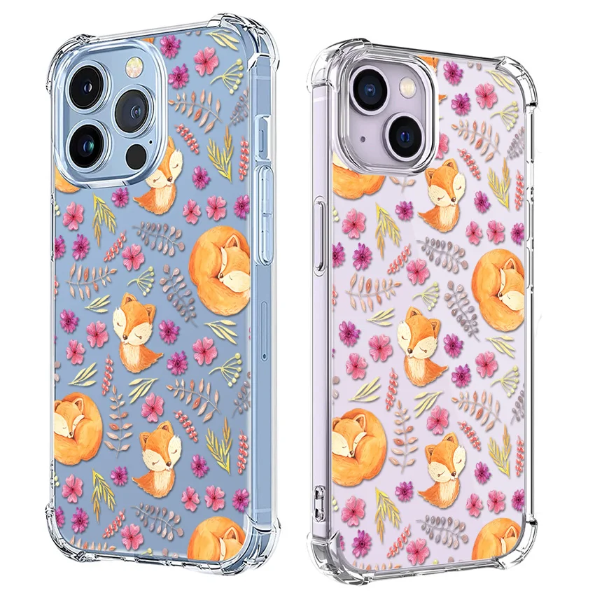 Foxes Flowers Leaves Phone Case for iPhone 15 14 13 12 11 Pro X XS XR Max 7 8 Plus Se 3 Mini Shockproof Soft Clear TPU Cover