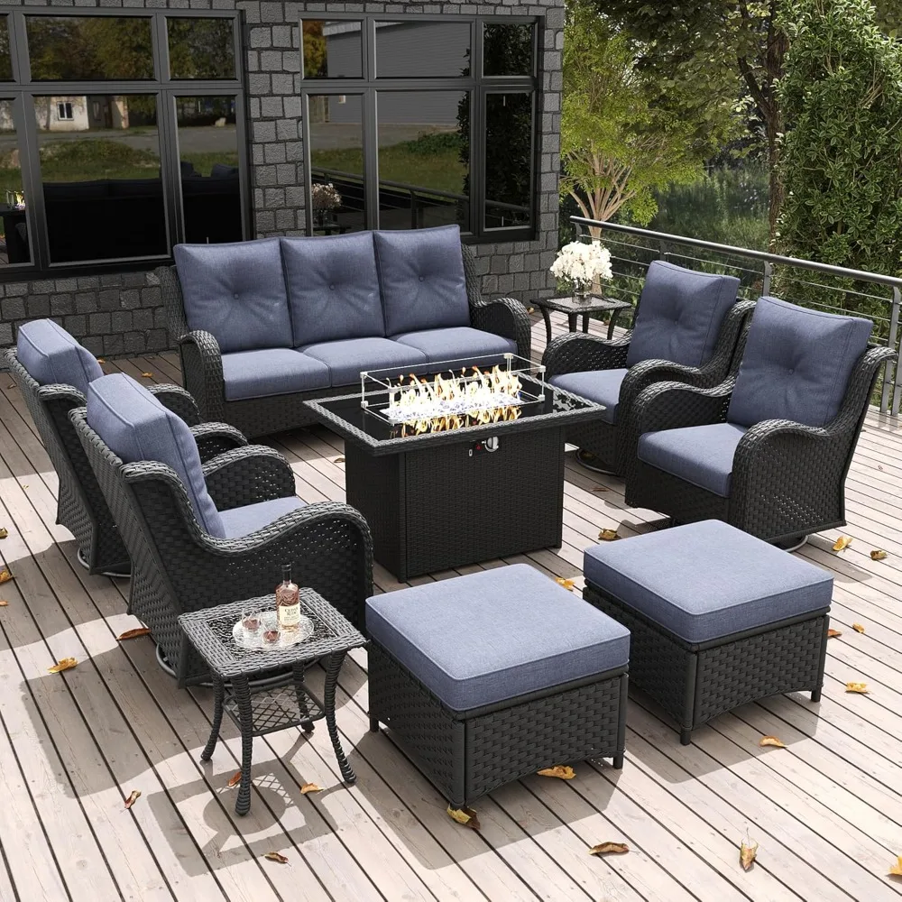 

10 Pieces Outdoor Patio Furniture Set with Fire Pit Table, Rattan Wicker Sectional Swivel Rocker Chair Sets, Patio Furniture Set