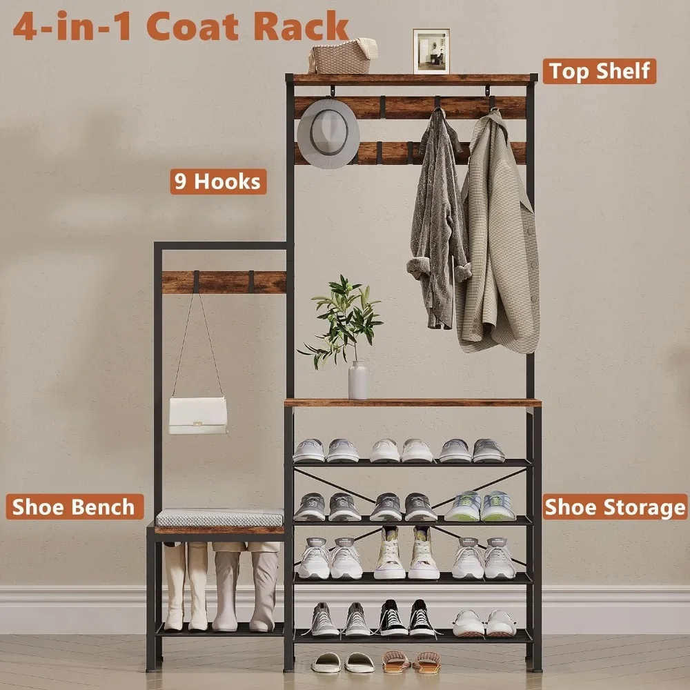 4-in-1 Hall Tree with Shoe Bench, Coat Rack 5-Tier Shoe Storage,9 Hooks ,Top Shelf for Entrance, Furniture Metal Frame, Rustic