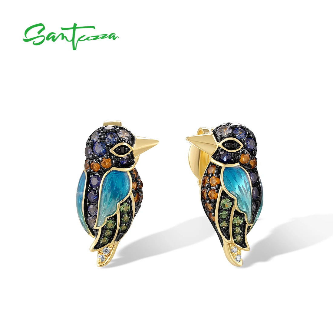 SANTUZZA Silver Earrings For Women Pure 925 Sterling Silver Colorful Sparkling Stones Enamel Earrings Elegant Fine Jewelry