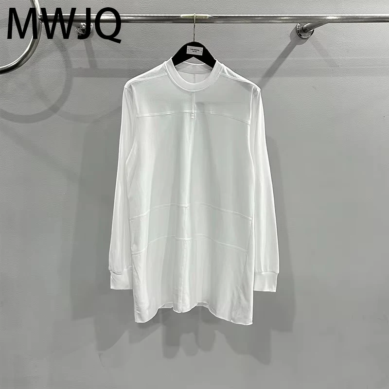 MWJQ 2025 Spring New White Male T-shirts Round Collar Spliced Design Long Sleeve Solid Color Loose Casual Men's Tops 010048