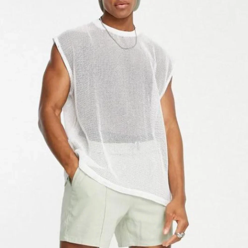 Men's Mesh Tops Summer New Fashion Loose White Perspective Hollow Out Casual Sexy Vest Streetwear Tank Top Men Nightclub T Shirt