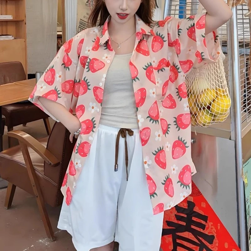 

Women 2025 Summer Hawaii Beach Blouse Short Sleeve Button Up Shirt Unisex Casual Tops Sweet Fruit Strawberry Full Print Shirts