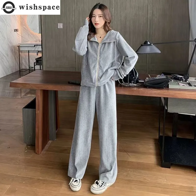 

Casual Sports Suit Women's Spring Autumn Korean New Fashion Loose Hooded Coat High Waist Wide Feet Pants Two Sets