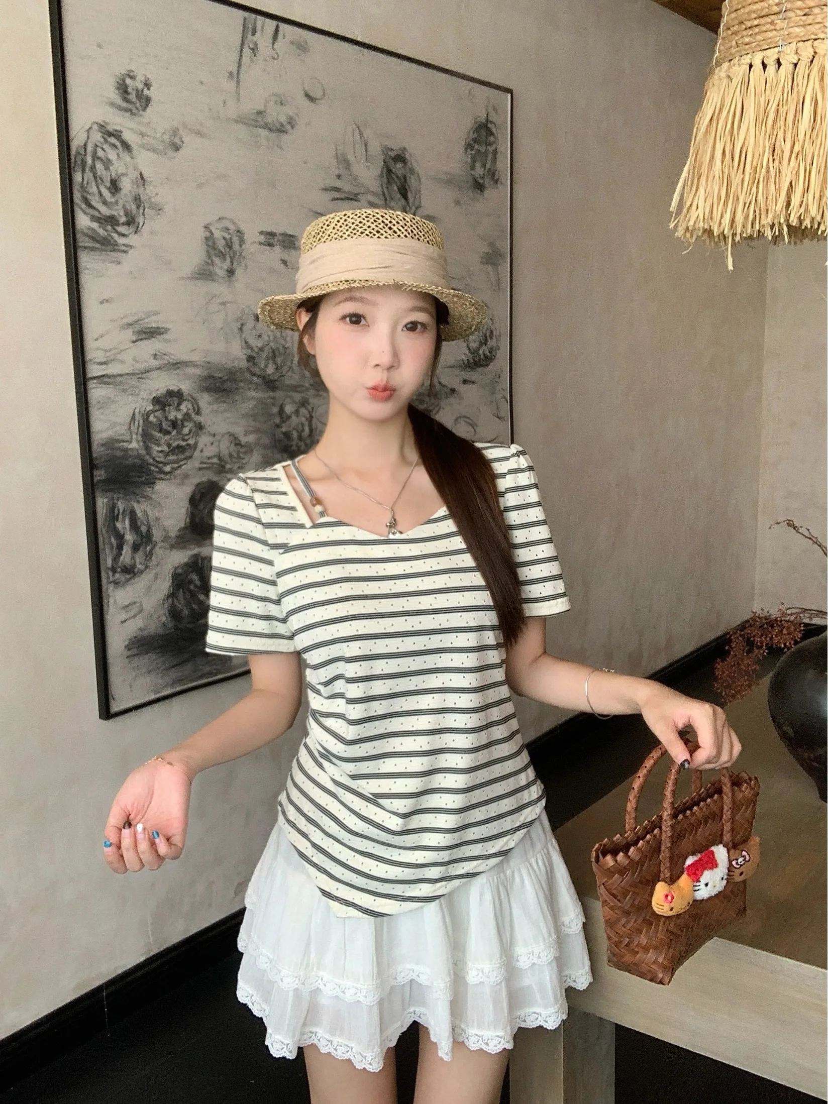 

plus Size Women's Slim Fit Striped Short Sleeve T-Shirt High Waist Waist-Cinching Trendy Top Korean Style Commute Fashion