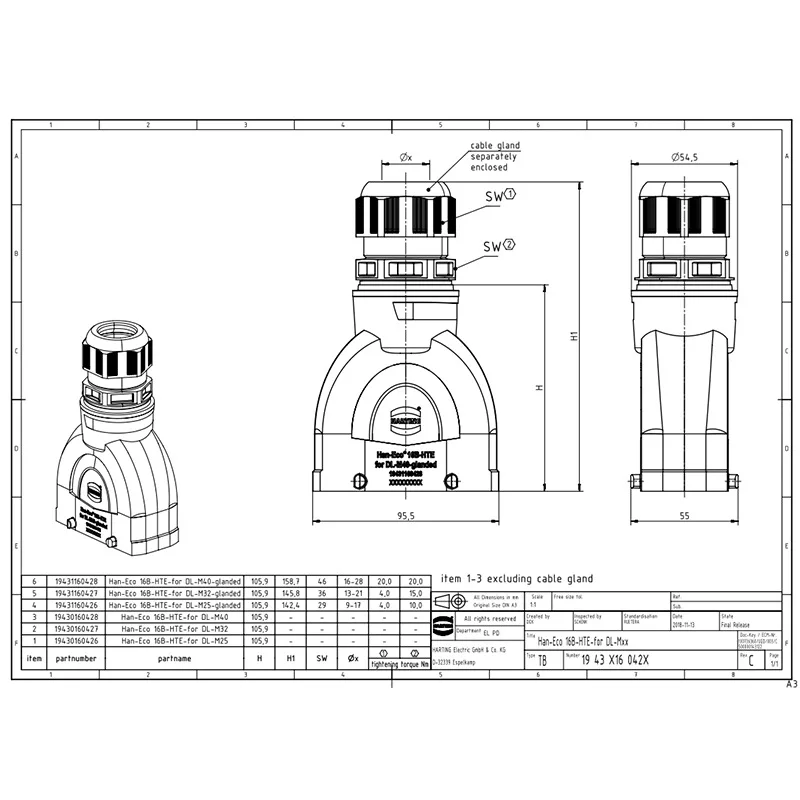 19431160428 HARTING 16B двойная блокировка защелки эжектор кабеля верхняя оболочка со встроенной детской шкалой