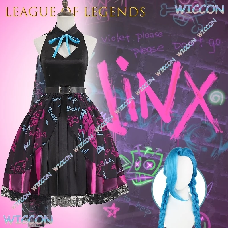 

League Of Legends Jinx Arcane Cosplay Costume Loose Cannon Halloween Little Demon Sexy Anime Party Outfit Full Set With