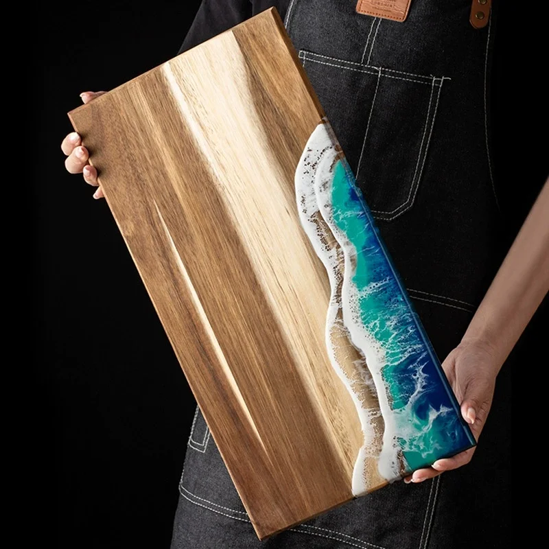 Imagen 7: Tabla de cortar de madera de Acacia con resina epoxi, decoración de olas del océano elaborada, preparación de comida de cocina y tabla de queso de charcutería, tabla de Challah