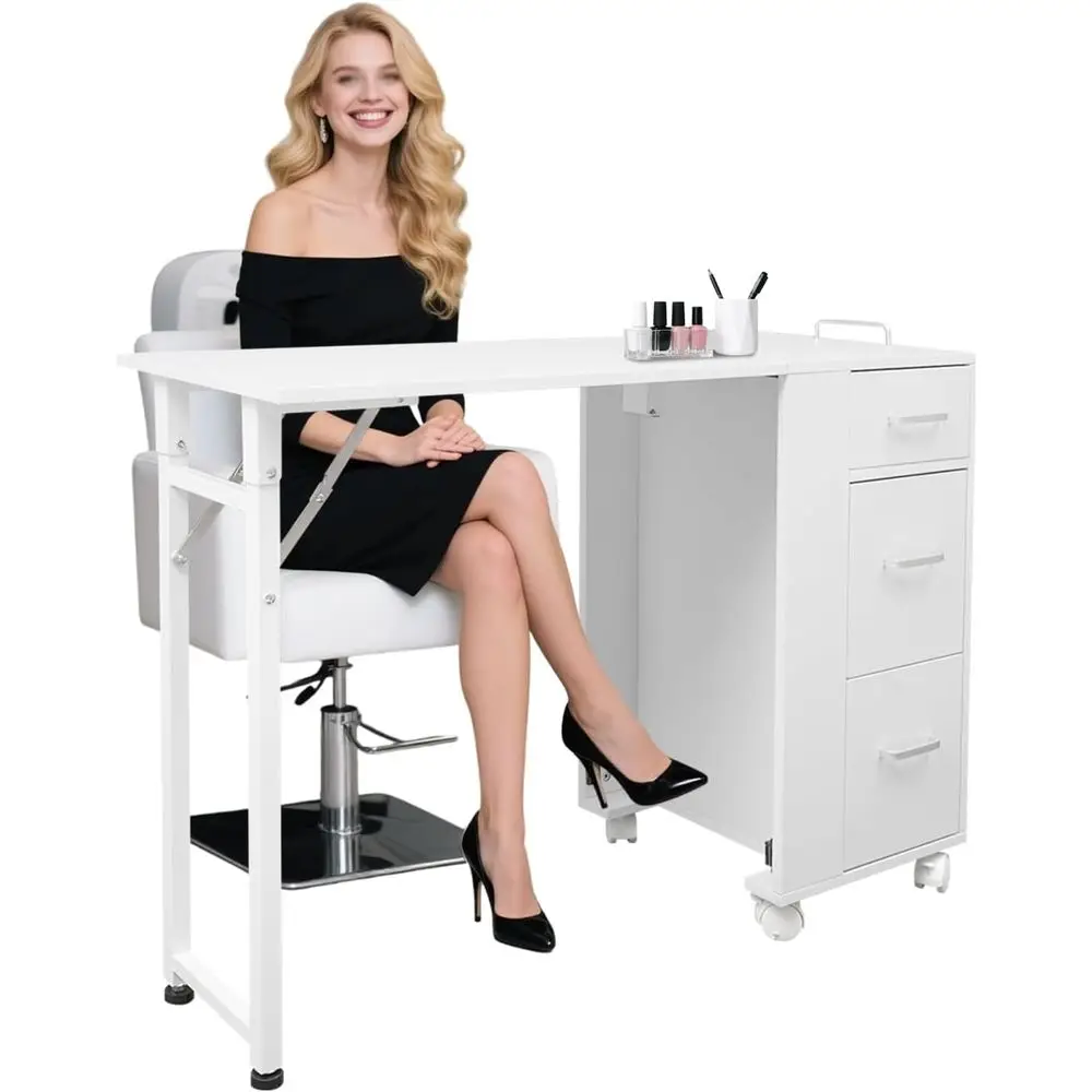 

Portable Manicure Table with Wheels and Storage for Nail Beauty, Home or Workshop Use (White)