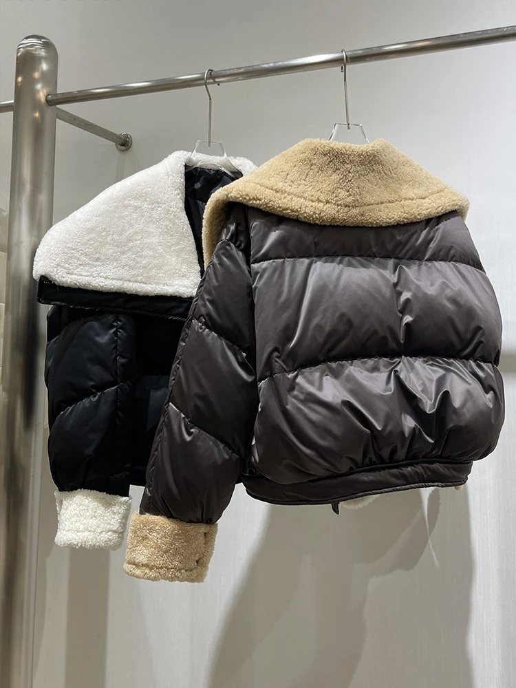 Cappotto da donna caldo invernale alla moda Piumino d'oca bianco spesso con vera giacca con collo in pelliccia di pecora merino grande streetwear femminile