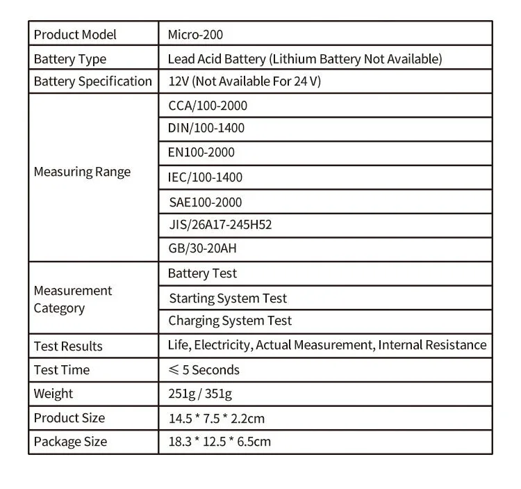 Portable smart auto forklift alternator launch lead acid 12 volt battery tester