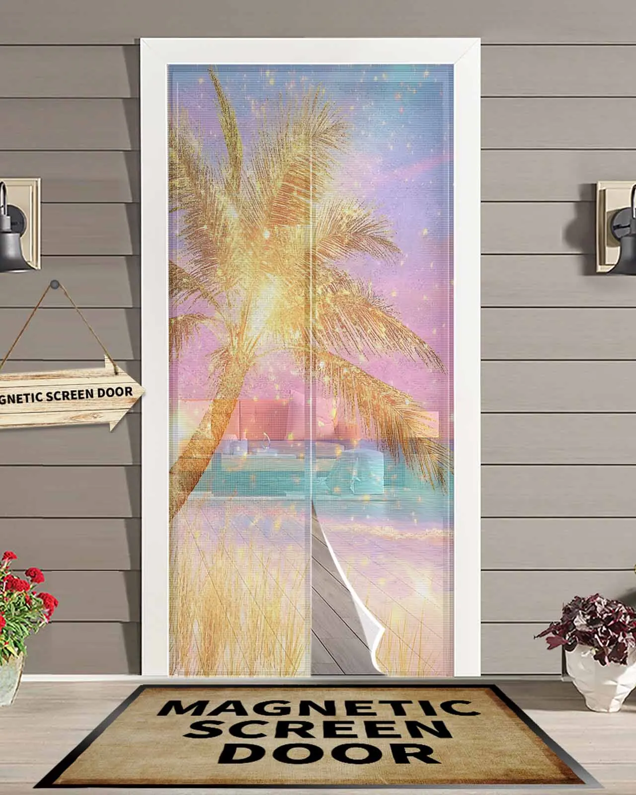 

Seaside Sparkle Palm Trees Magnetic Door Curtain Living Room Bedroom Home Anti-mosquito Screen Door Curtain